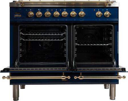 ILVE 40 in. Nostalgie Series Natural Gas Burner and Electric Oven Range in Midnight Blue with Brass Trim, UPDN100FDMPBLNG