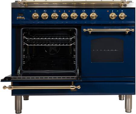 ILVE 40 in. Nostalgie Series Natural Gas Burner and Electric Oven Range in Midnight Blue with Brass Trim, UPDN100FDMPBLNG