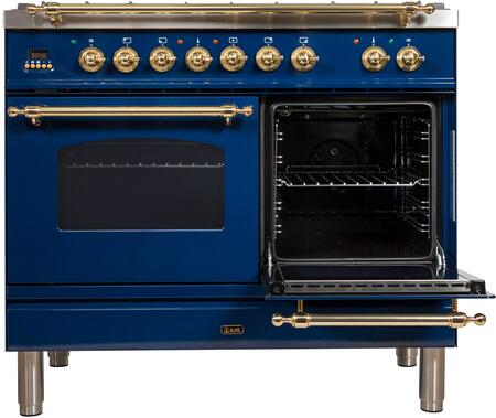 ILVE 40 in. Nostalgie Series Natural Gas Burner and Electric Oven Range in Midnight Blue with Brass Trim, UPDN100FDMPBLNG