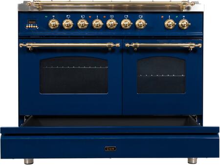 ILVE 40 in. Nostalgie Series Natural Gas Burner and Electric Oven Range in Midnight Blue with Brass Trim, UPDN100FDMPBLNG