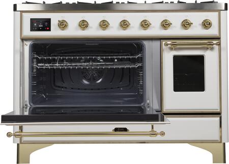 ILVE 48 in. Majestic II Series Propane Gas Burner and Electric Oven Range in White with Brass Trim, UM12FDNS3WHGLP
