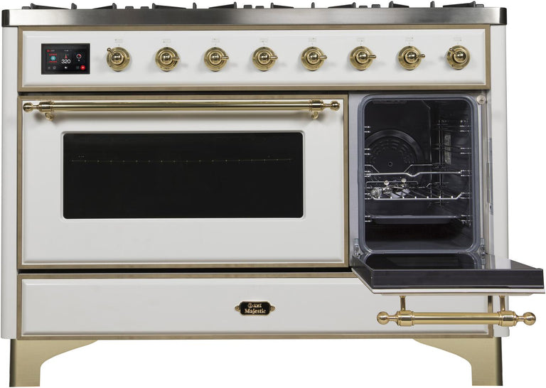 ILVE 48 in. Majestic II Series Propane Gas Burner and Electric Oven Range in White with Brass Trim, UM12FDNS3WHGLP