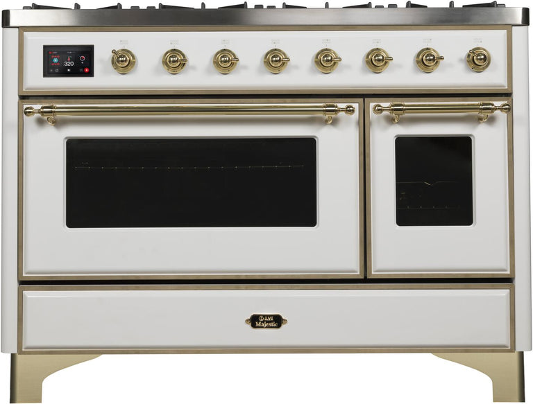 ILVE 48 in. Majestic II Series Propane Gas Burner and Electric Oven Range in White with Brass Trim, UM12FDNS3WHGLP