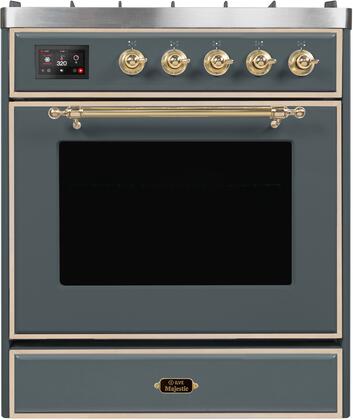 ILVE Majestic II 30" Natural Gas Burner, Electric Oven Range in Blue Grey with Brass Trim, UM30DNE3BGGNG