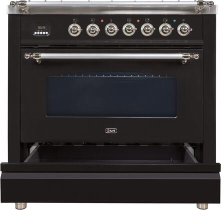 ILVE Nostalgie 36" Natural Gas Range in Glossy Black with Chrome Trim, UPN90FDVGGNXNG