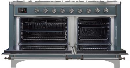 ILVE Majestic II 60" Natural Gas Burner, Electric Oven Range in Blue Grey with Chrome Trim, UM15FDNS3BGCNG