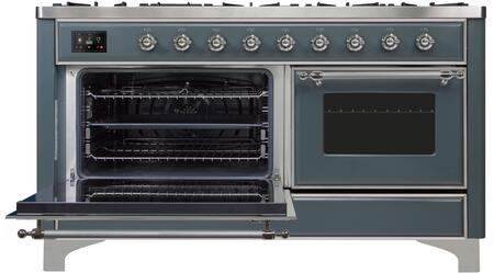 ILVE Majestic II 60" Natural Gas Burner, Electric Oven Range in Blue Grey with Chrome Trim, UM15FDNS3BGCNG