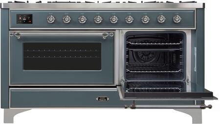 ILVE Majestic II 60" Natural Gas Burner, Electric Oven Range in Blue Grey with Chrome Trim, UM15FDNS3BGCNG