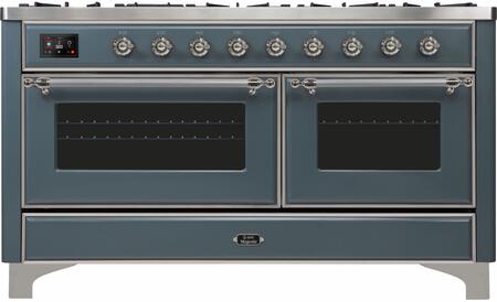 ILVE Majestic II 60" Natural Gas Burner, Electric Oven Range in Blue Grey with Chrome Trim, UM15FDNS3BGCNG