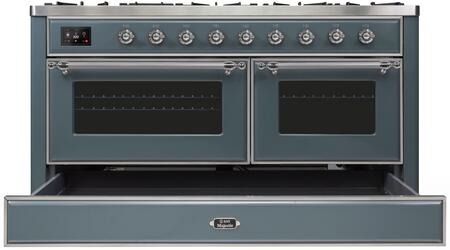 ILVE Majestic II 60" Natural Gas Burner, Electric Oven Range in Blue Grey with Chrome Trim, UM15FDNS3BGCNG