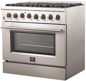 FORNO Package - 36 Inch Dual Fuel Range, Wall Mount Range Hood, Refrigerator, Microwave Drawer, Dishwasher, AP-FFSGS6156-36-8