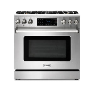 THOR Kitchen Package - 36" Gas Range, Range Hood, Microwave, Refrigerator with Water and Ice Dispenser, Dishwasher, AP-TRG3601LP-W-9