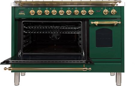 ILVE 48 in. Nostalgie Series Natural Gas Burner and Electric Oven Range in Emerald Green with Brass Trim, UPN120FDMPVSNG
