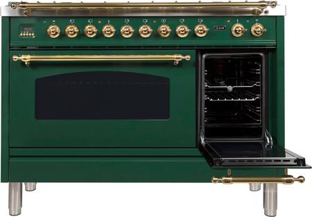 ILVE 48 in. Nostalgie Series Natural Gas Burner and Electric Oven Range in Emerald Green with Brass Trim, UPN120FDMPVSNG
