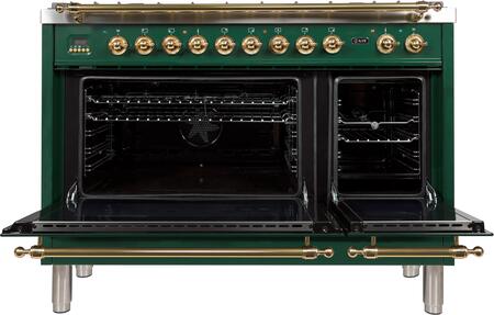 ILVE 48 in. Nostalgie Series Natural Gas Burner and Electric Oven Range in Emerald Green with Brass Trim, UPN120FDMPVSNG