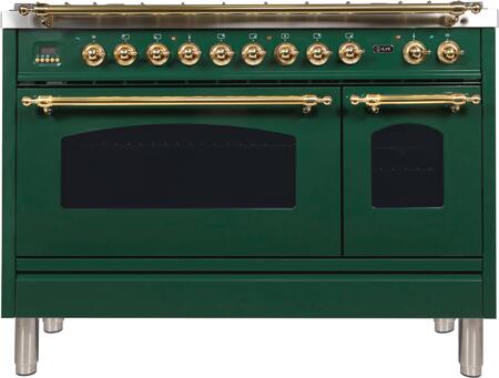 ILVE 48 in. Nostalgie Series Natural Gas Burner and Electric Oven Range in Emerald Green with Brass Trim, UPN120FDMPVSNG