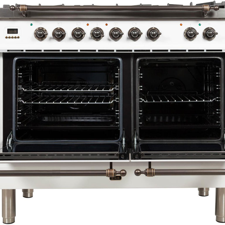 ILVE 40 in. Nostalgie Series Natural Gas Burner and Electric Oven Range in White with Bronze Trim, UPDN100FDMPBYNG