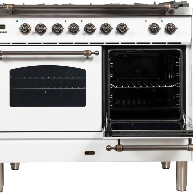ILVE 40 in. Nostalgie Series Natural Gas Burner and Electric Oven Range in White with Bronze Trim, UPDN100FDMPBYNG