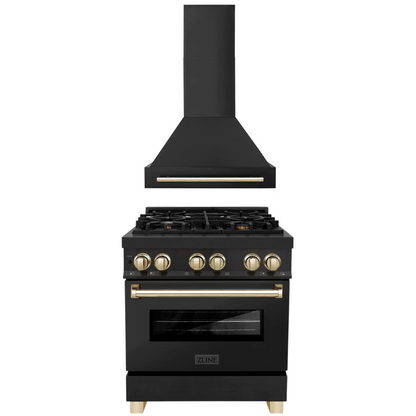 ZLINE Autograph Package - 30 In. Dual Fuel Range, Range Hood in Black Stainless Steel with Gold Accents, 2AKP-RABRH30-G
