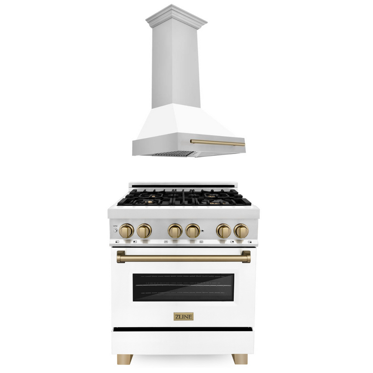 ZLINE Autograph Package - 30 In. Dual Fuel Range and Range Hood with White Matte Door and Bronze Accents, 2AKP-RAWMRH30-CB