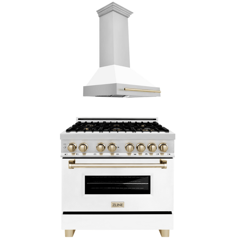 ZLINE Autograph Package - 36 In. Dual Fuel Range and Range Hood with White Matte Door and Gold Accents, 2AKP-RAWMRH36-G