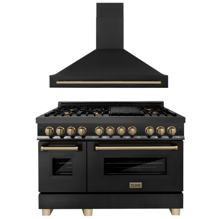 ZLINE Autograph Package - 48 In. Dual Fuel Range and Range Hood in Black Stainless Steel with Champagne Bronze Accents, 2AKPR-RABRH48-CB