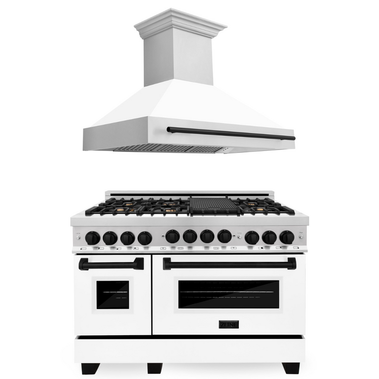 ZLINE Autograph Package - 48 In. Gas Range and Range Hood with White Matte Door and Matte Black Accents, 2AKPR-RGWMRH48-MB