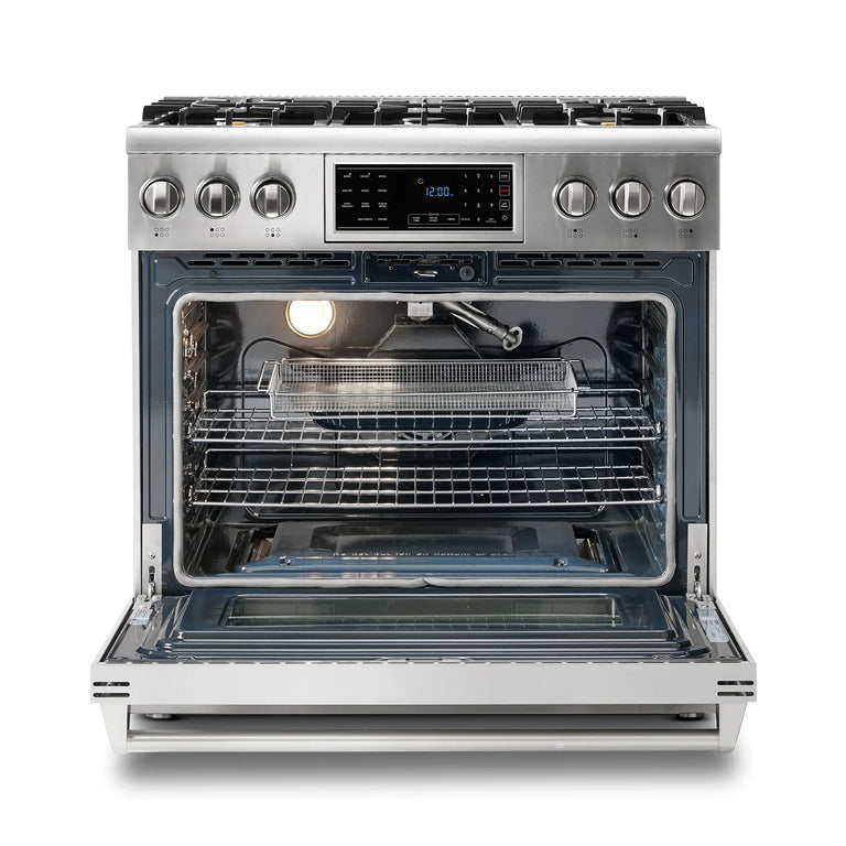 Thor Kitchen Appliance Package - 36 In. Gas Range, Range Hood, Microwave Drawer, Refrigerator, Dishwasher, Wine Cooler, AP-TRG3601LP-W-6