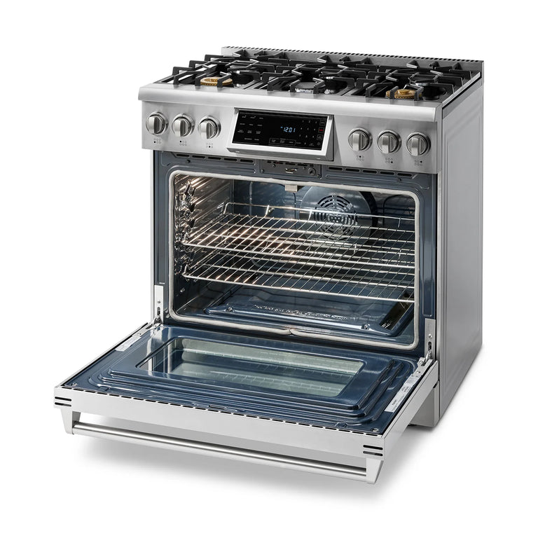 Thor Kitchen Package - 36" Gas Range, Range Hood, Refrigerator with Water and Ice Dispenser, Dishwasher, AP-TRG3601-W-7
