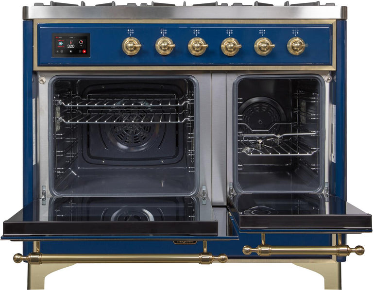 ILVE 40 in. Majestic II Series Natural Gas Burner and Double Electric Oven in Midnight Blue with Brass Trim, UMD10FDNS3MBGNG
