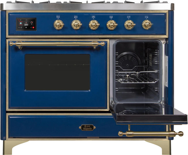 ILVE 40 in. Majestic II Series Natural Gas Burner and Double Electric Oven in Midnight Blue with Brass Trim, UMD10FDNS3MBGNG