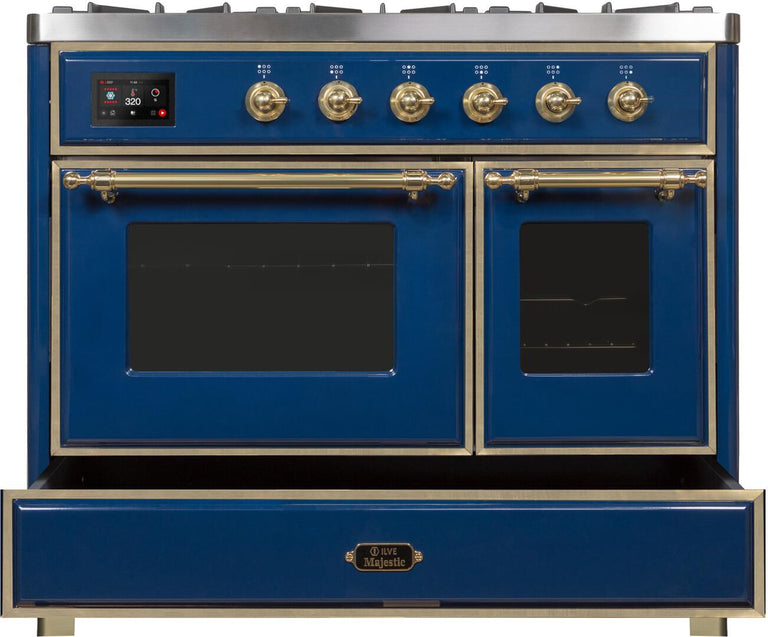 ILVE 40 in. Majestic II Series Natural Gas Burner and Double Electric Oven in Midnight Blue with Brass Trim, UMD10FDNS3MBGNG