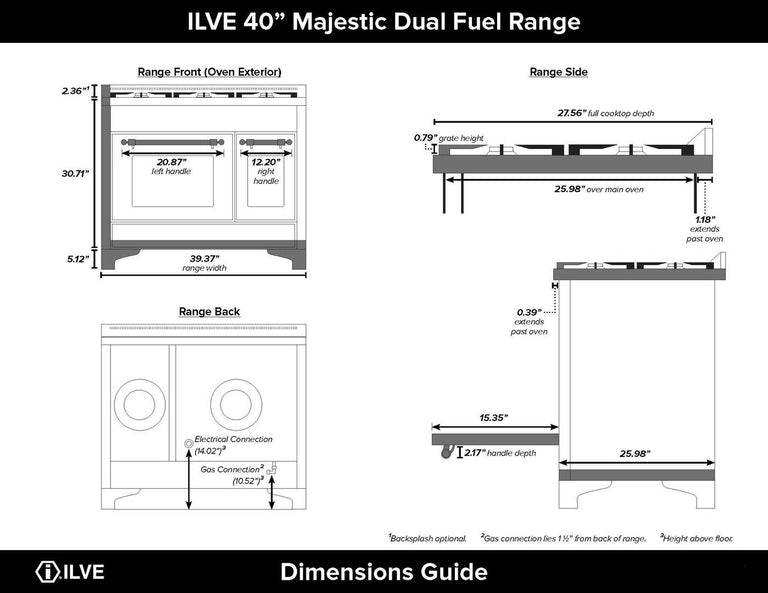 ILVE 40 in. Majestic II Series Natural Gas Burner and Double Electric Oven in Stainless Steel with Brass Trim, UMD10FDNS3SSGNG