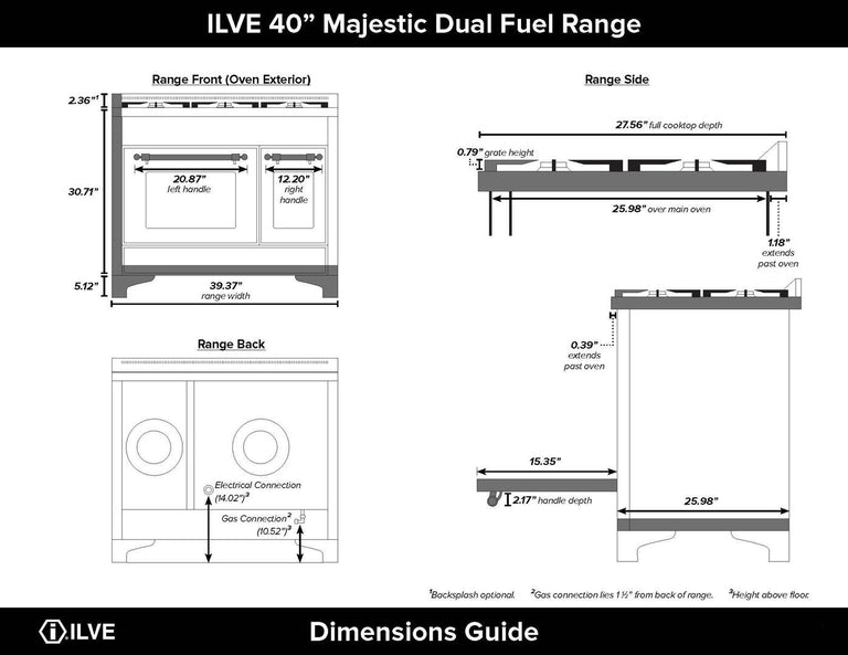 ILVE 40 in. Majestic II Series Natural Gas Burner and Double Electric Oven in Glossy Black with Copper Trim, UMD10FDNS3BKPNG