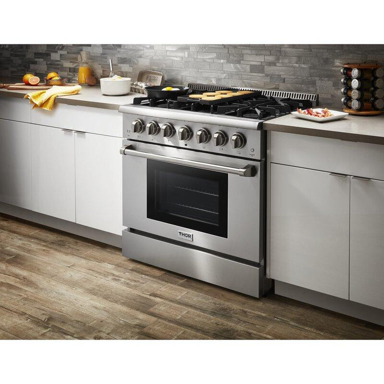 Thor Kitchen 36 in. Natural Gas Burner/Electric Oven Range in Stainless Steel, HRD3606U | Premium Home Source