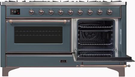 ILVE Majestic II 60" Natural Gas Burner, Electric Oven Range in Blue Grey with Bronze Trim, UM15FDNS3BGBNG