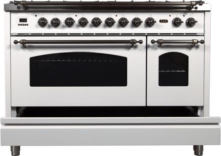 ILVE 48 in. Nostalgie Series Propane Gas Burner and Electric Oven Range in White with Bronze Trim, UPN120FDMPBYLP