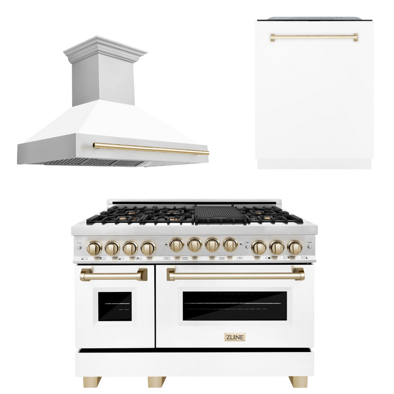 ZLINE Autograph Package - 48 In. Gas Range, Range Hood, Dishwasher in White Matte with Gold Accents, 3AKP-RGWMRHDWM48-G