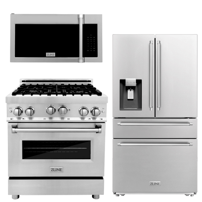 ZLINE Appliance Package - 30 In. Dual Fuel Range, Refrigerator with Water and Ice Dispenser, Over the Range Microwave, 3KPRW-RAOTRH30