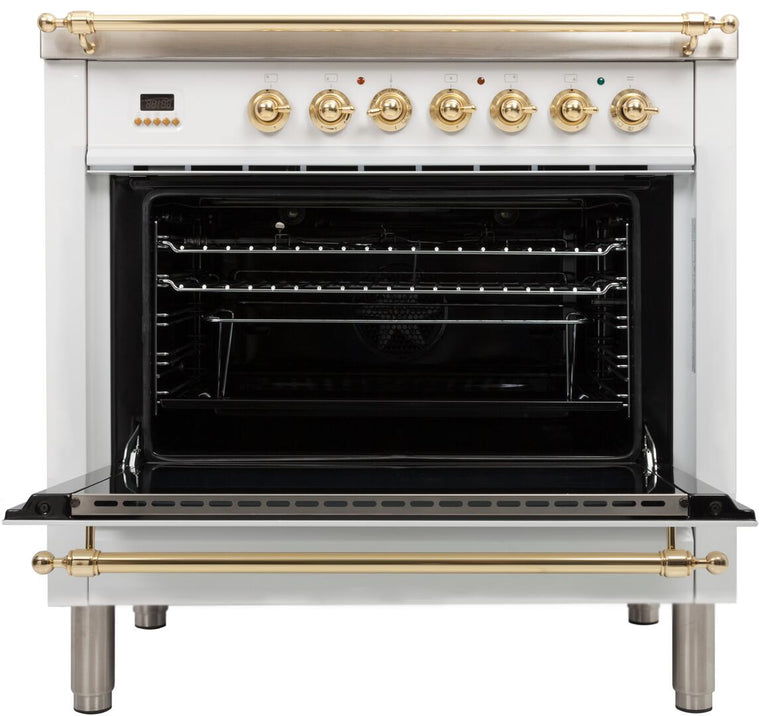 ILVE 36 in. Nostalgie Series Single Oven Natural Gas Burner and Electric Oven Range in White with Brass Trim, UPN90FDMPBNG