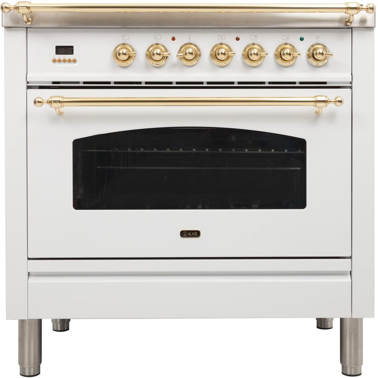 ILVE 36 in. Nostalgie Series Single Oven Natural Gas Burner and Electric Oven Range in White with Brass Trim, UPN90FDMPBNG