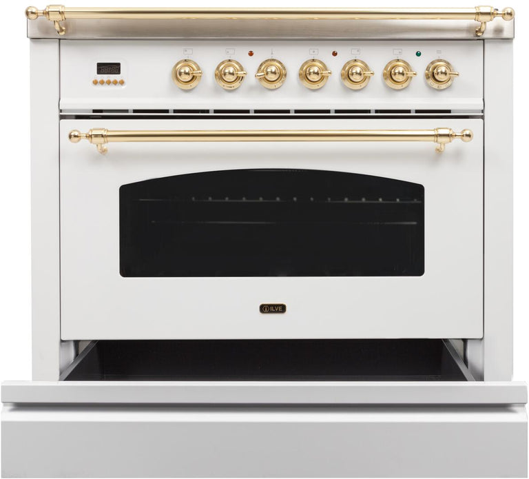 ILVE 36 in. Nostalgie Series Single Oven Natural Gas Burner and Electric Oven Range in White with Brass Trim, UPN90FDMPBNG
