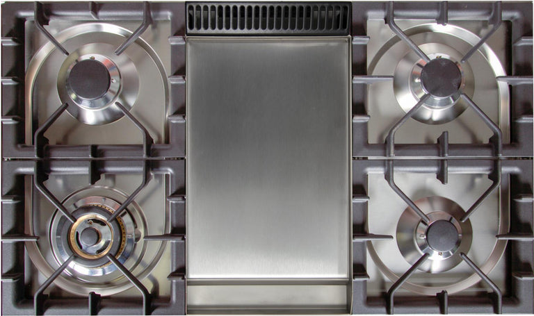 ILVE 36 in. Professional Plus Series Natural Gas Burner and Electric Oven Range in Stainless Steel with Chrome Trim, UPDW90FDMPING