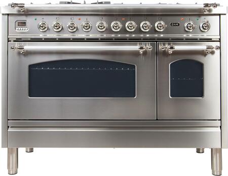 ILVE 48 in. Nostalgie Series Natural Gas Burner and Electric Oven Range in Stainless Steel with Chrome Trim, UPN120FDMPIXNG