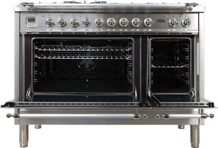 ILVE 48 in. Nostalgie Series Natural Gas Burner and Electric Oven Range in Stainless Steel with Chrome Trim, UPN120FDMPIXNG