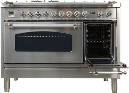 ILVE 48 in. Nostalgie Series Natural Gas Burner and Electric Oven Range in Stainless Steel with Chrome Trim, UPN120FDMPIXNG
