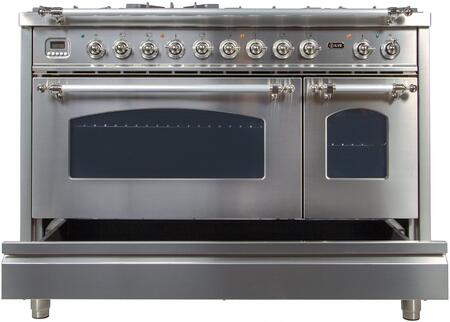 ILVE 48 in. Nostalgie Series Natural Gas Burner and Electric Oven Range in Stainless Steel with Chrome Trim, UPN120FDMPIXNG