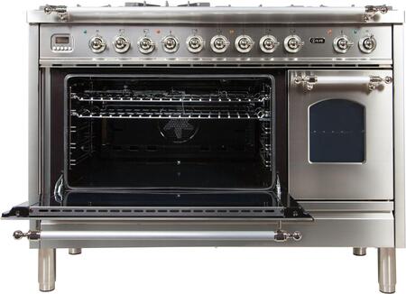 ILVE 48 in. Nostalgie Series Natural Gas Burner and Electric Oven Range in Stainless Steel with Chrome Trim, UPN120FDMPIXNG