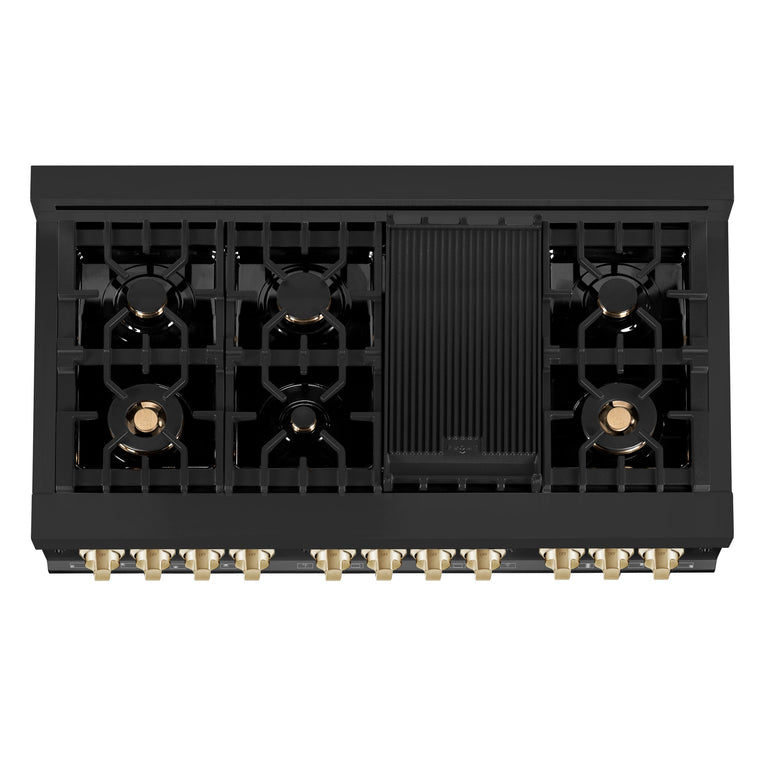 ZLINE Autograph 48 in. Gas Burner/Electric Oven Range in Black Stainless Steel and Gold Accents, RABZ-48-G
