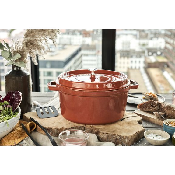 Staub 7 Qt. Cast Iron Round Dutch Oven in Burnt Orange